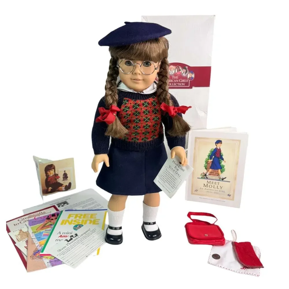 American Girl Molly Doll In Meet Outfit Pleasant Co Accessories Coin Glasses Box